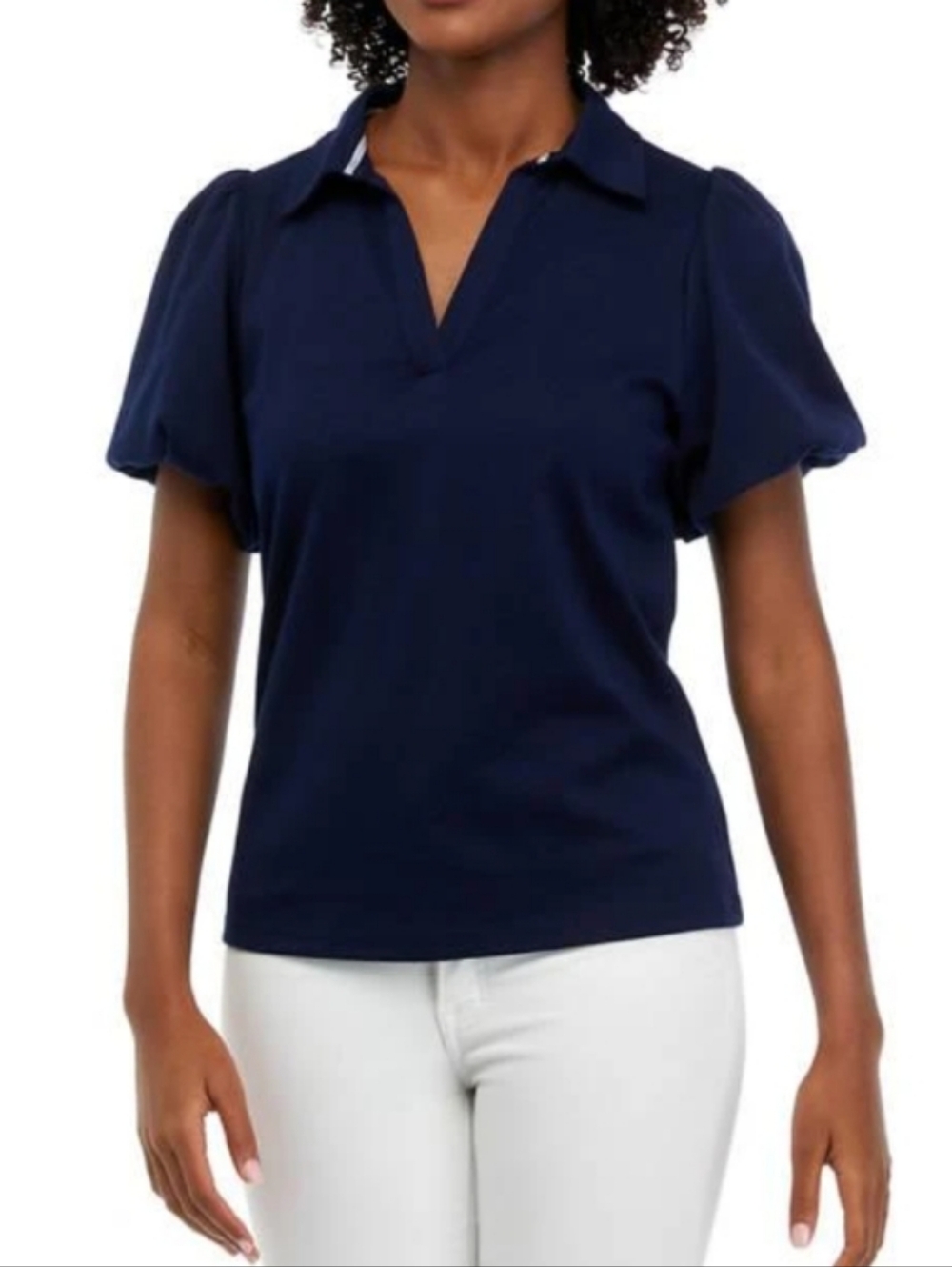 Crown And Ivy Navy Blue Puff Sleeve Top V Neck Collared Women's Size XL